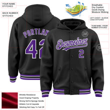 Load image into Gallery viewer, Custom Black Purple-White Bomber Full-Snap Varsity Letterman Hoodie Jacket
