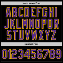 Load image into Gallery viewer, Custom Black Purple-Gold Bomber Full-Snap Varsity Letterman Hoodie Jacket
