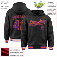 Load image into Gallery viewer, Custom Black Purple-Orange Bomber Full-Snap Varsity Letterman Hoodie Jacket
