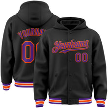 Load image into Gallery viewer, Custom Black Purple-Orange Bomber Full-Snap Varsity Letterman Hoodie Jacket
