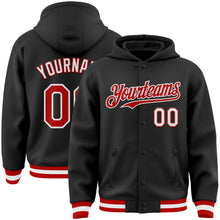 Load image into Gallery viewer, Custom Black Red-White Bomber Full-Snap Varsity Letterman Hoodie Jacket
