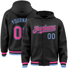 Load image into Gallery viewer, Custom Black Pink-Light Blue Bomber Full-Snap Varsity Letterman Hoodie Jacket
