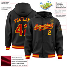 Load image into Gallery viewer, Custom Black Red-Gold Bomber Full-Snap Varsity Letterman Hoodie Jacket
