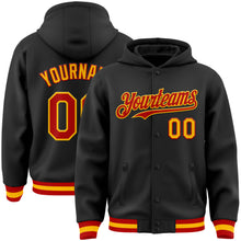 Load image into Gallery viewer, Custom Black Red-Gold Bomber Full-Snap Varsity Letterman Hoodie Jacket
