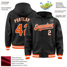 Load image into Gallery viewer, Custom Black Orange-White Bomber Full-Snap Varsity Letterman Hoodie Jacket
