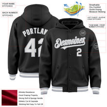 Load image into Gallery viewer, Custom Black White-Gray Bomber Full-Snap Varsity Letterman Hoodie Jacket
