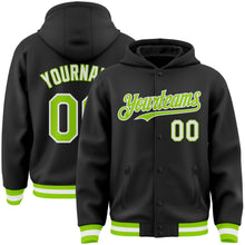 Load image into Gallery viewer, Custom Black Neon Green-White Bomber Full-Snap Varsity Letterman Hoodie Jacket
