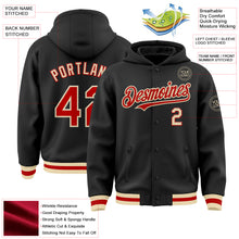 Load image into Gallery viewer, Custom Black Red-Cream Bomber Full-Snap Varsity Letterman Hoodie Jacket
