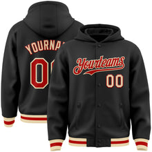 Load image into Gallery viewer, Custom Black Red-Cream Bomber Full-Snap Varsity Letterman Hoodie Jacket
