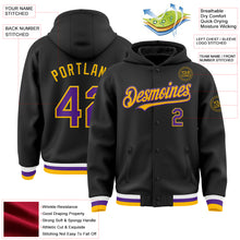 Load image into Gallery viewer, Custom Black Purple-Gold Bomber Full-Snap Varsity Letterman Hoodie Jacket
