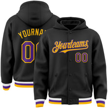 Load image into Gallery viewer, Custom Black Purple-Gold Bomber Full-Snap Varsity Letterman Hoodie Jacket
