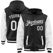 Load image into Gallery viewer, Custom Black White Bomber Full-Snap Varsity Letterman Two Tone Hoodie Jacket
