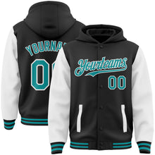 Load image into Gallery viewer, Custom Black Teal-White Bomber Full-Snap Varsity Letterman Two Tone Hoodie Jacket
