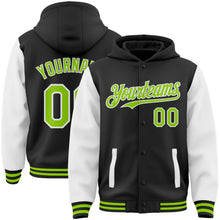 Load image into Gallery viewer, Custom Black Neon Green-White Bomber Full-Snap Varsity Letterman Two Tone Hoodie Jacket
