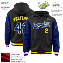 Load image into Gallery viewer, Custom Black Royal-Yellow Bomber Full-Snap Varsity Letterman Two Tone Hoodie Jacket

