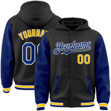 Load image into Gallery viewer, Custom Black Royal-Yellow Bomber Full-Snap Varsity Letterman Two Tone Hoodie Jacket
