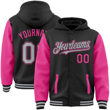 Load image into Gallery viewer, Custom Black Gray-Pink Bomber Full-Snap Varsity Letterman Two Tone Hoodie Jacket
