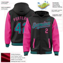 Load image into Gallery viewer, Custom Black Teal-Pink Bomber Full-Snap Varsity Letterman Two Tone Hoodie Jacket
