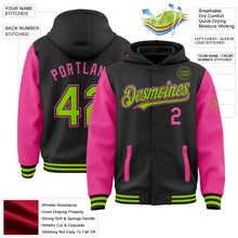 Load image into Gallery viewer, Custom Black Neon Green-Pink Bomber Full-Snap Varsity Letterman Two Tone Hoodie Jacket
