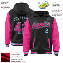 Load image into Gallery viewer, Custom Black Pink-Light Blue Bomber Full-Snap Varsity Letterman Two Tone Hoodie Jacket
