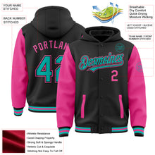 Load image into Gallery viewer, Custom Black Aqua-Pink Bomber Full-Snap Varsity Letterman Two Tone Hoodie Jacket
