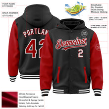 Load image into Gallery viewer, Custom Black Red-White Bomber Full-Snap Varsity Letterman Two Tone Hoodie Jacket
