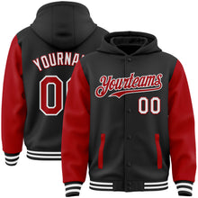 Load image into Gallery viewer, Custom Black Red-White Bomber Full-Snap Varsity Letterman Two Tone Hoodie Jacket
