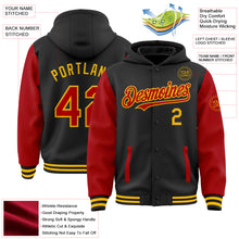 Load image into Gallery viewer, Custom Black Red-Gold Bomber Full-Snap Varsity Letterman Two Tone Hoodie Jacket
