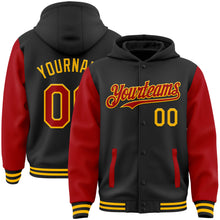 Load image into Gallery viewer, Custom Black Red-Gold Bomber Full-Snap Varsity Letterman Two Tone Hoodie Jacket
