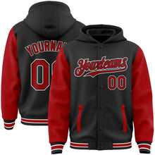 Load image into Gallery viewer, Custom Black Red-White Bomber Full-Snap Varsity Letterman Two Tone Hoodie Jacket
