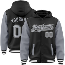 Load image into Gallery viewer, Custom Black Gray-White Bomber Full-Snap Varsity Letterman Two Tone Hoodie Jacket
