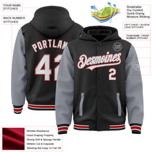 Load image into Gallery viewer, Custom Black Gray-Red Bomber Full-Snap Varsity Letterman Two Tone Hoodie Jacket
