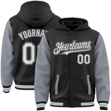 Load image into Gallery viewer, Custom Black White-Gray Bomber Full-Snap Varsity Letterman Two Tone Hoodie Jacket
