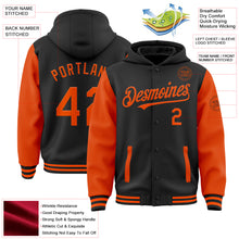 Load image into Gallery viewer, Custom Black Orange Bomber Full-Snap Varsity Letterman Two Tone Hoodie Jacket
