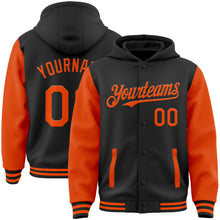 Load image into Gallery viewer, Custom Black Orange Bomber Full-Snap Varsity Letterman Two Tone Hoodie Jacket
