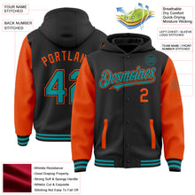 Load image into Gallery viewer, Custom Black Teal-Orange Bomber Full-Snap Varsity Letterman Two Tone Hoodie Jacket
