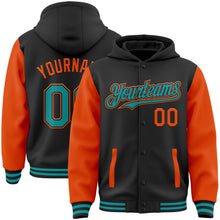 Load image into Gallery viewer, Custom Black Teal-Orange Bomber Full-Snap Varsity Letterman Two Tone Hoodie Jacket
