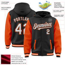 Load image into Gallery viewer, Custom Black White-Orange Bomber Full-Snap Varsity Letterman Two Tone Hoodie Jacket
