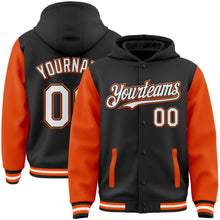 Load image into Gallery viewer, Custom Black White-Orange Bomber Full-Snap Varsity Letterman Two Tone Hoodie Jacket
