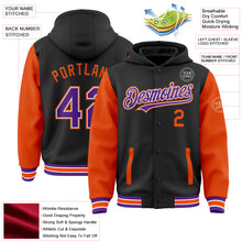 Load image into Gallery viewer, Custom Black Purple-Orange Bomber Full-Snap Varsity Letterman Two Tone Hoodie Jacket
