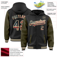 Load image into Gallery viewer, Custom Black Vintage USA Flag Olive-Cream Bomber Full-Snap Varsity Letterman Two Tone Hoodie Jacket
