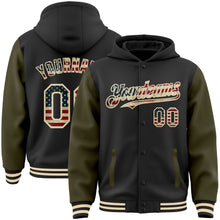 Load image into Gallery viewer, Custom Black Vintage USA Flag Olive-Cream Bomber Full-Snap Varsity Letterman Two Tone Hoodie Jacket
