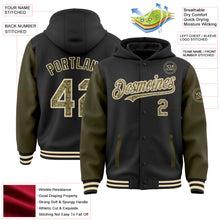 Load image into Gallery viewer, Custom Black Camo Olive-Cream Bomber Full-Snap Varsity Letterman Two Tone Hoodie Jacket
