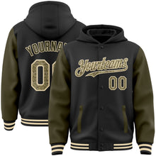 Load image into Gallery viewer, Custom Black Camo Olive-Cream Bomber Full-Snap Varsity Letterman Two Tone Hoodie Jacket
