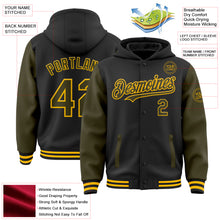 Load image into Gallery viewer, Custom Black Olive-Gold Bomber Full-Snap Varsity Letterman Two Tone Hoodie Jacket
