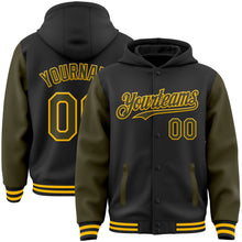 Load image into Gallery viewer, Custom Black Olive-Gold Bomber Full-Snap Varsity Letterman Two Tone Hoodie Jacket
