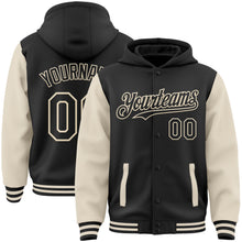 Load image into Gallery viewer, Custom Black Cream Bomber Full-Snap Varsity Letterman Two Tone Hoodie Jacket
