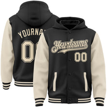 Load image into Gallery viewer, Custom Black Cream Bomber Full-Snap Varsity Letterman Two Tone Hoodie Jacket
