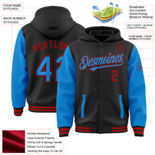 Load image into Gallery viewer, Custom Black Powder Blue-Red Bomber Full-Snap Varsity Letterman Two Tone Hoodie Jacket
