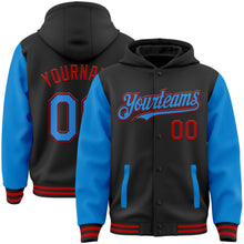 Load image into Gallery viewer, Custom Black Powder Blue-Red Bomber Full-Snap Varsity Letterman Two Tone Hoodie Jacket

